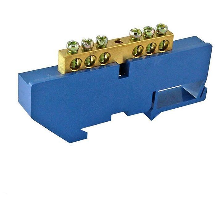 Шина нулевая N 6*9 6 отв.латунь син. изолятор на DIN-рейку