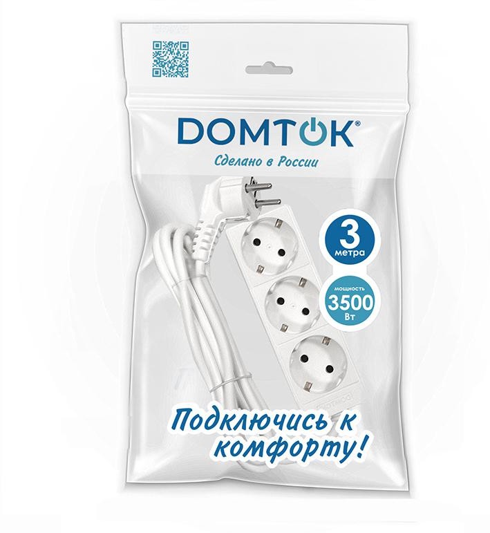 Удлинитель 3х3м с заземл. 16А IP20 3.5кВт ПВС 3х1 бел. DOMTOK 2391