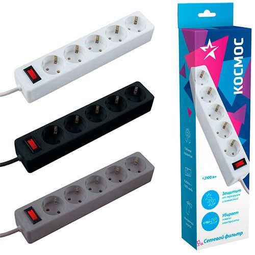 Удлинитель с сетев.фильтр. 5*3м с з/к 10А ПВС 3*0,75 Космос