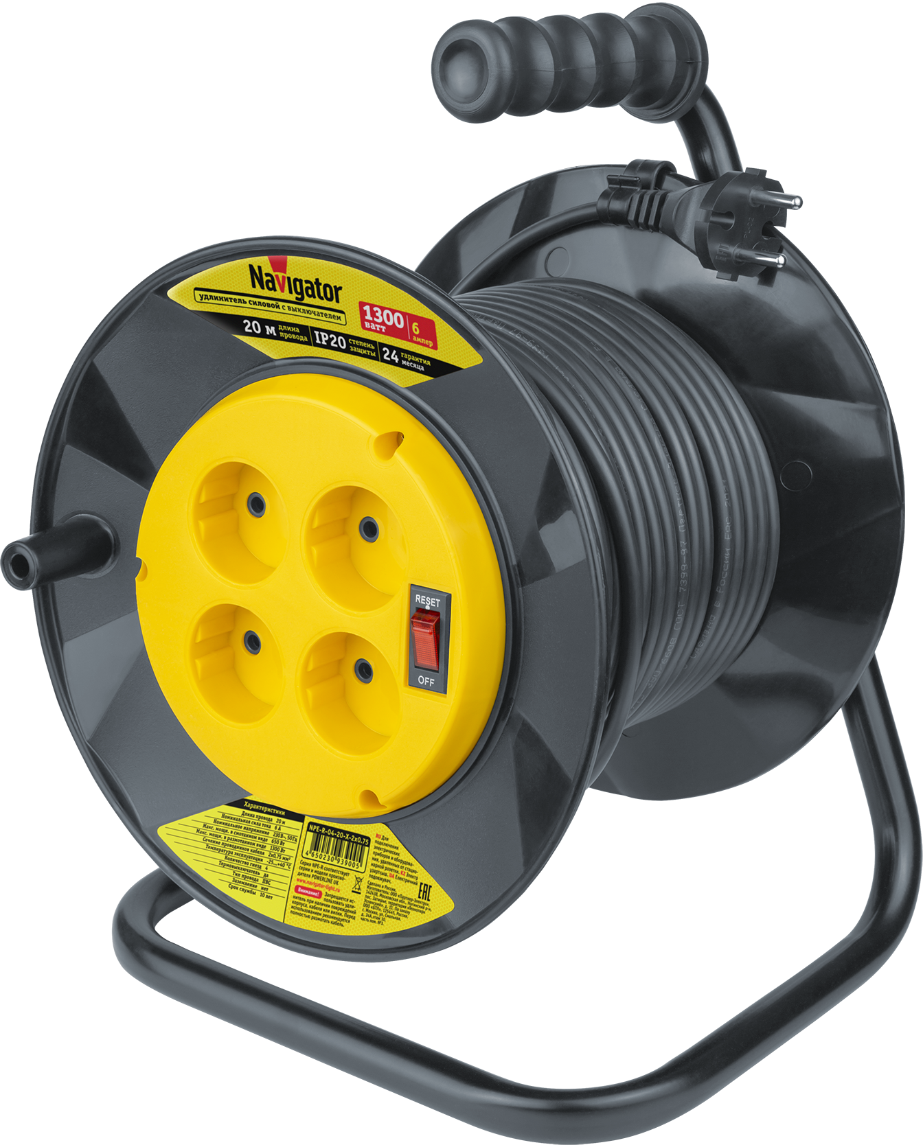 Удлинитель на катушке 4*20м б/заз. NAVIGATOR 93900