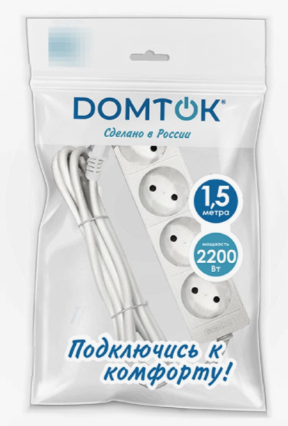 Удлинитель 2х1.5м без заземл. 10А IP20 2.2кВт ПВС 2х1 бел. DOMTOK 2344