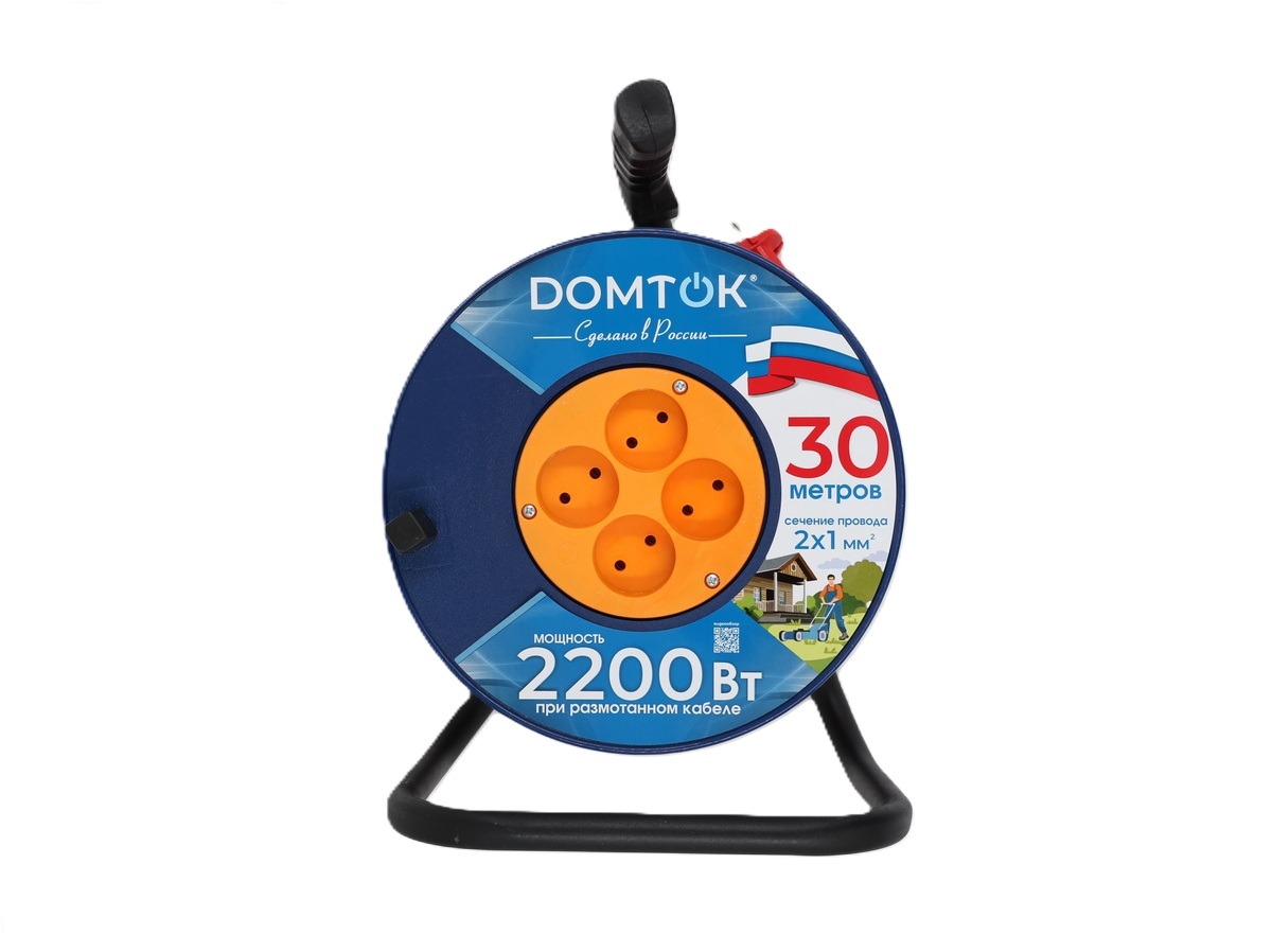 Удлинитель на катушке 4х30м без заземл. 10А IP20 2.2кВт ПВС 2х1 DOMTOK 2438