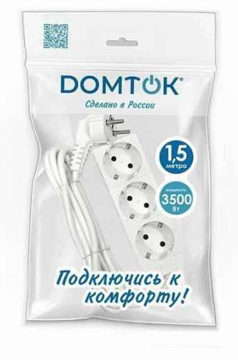 Удлинитель 3х1.5м с заземл. 16А IP20 3.5кВт ПВС 3х1 бел. DOMTOK 2389