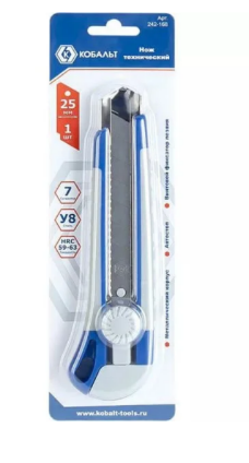 Нож технический 25 мм, КОБАЛЬТ, двухкомпонентный корпус, металлическая направляющая, фиксатор, блист