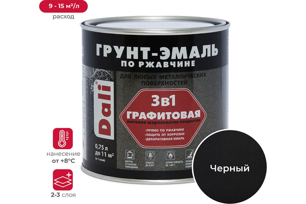 Грунт-эмаль по ржавчине 3в1 DALI черная матовая, эффект графит 0,75 л