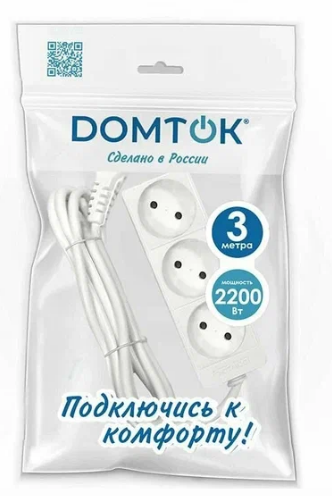 Удлинитель 3х3м без заземл. 10А IP20 2.2кВт ПВС 2х1 бел. DOMTOK 2351