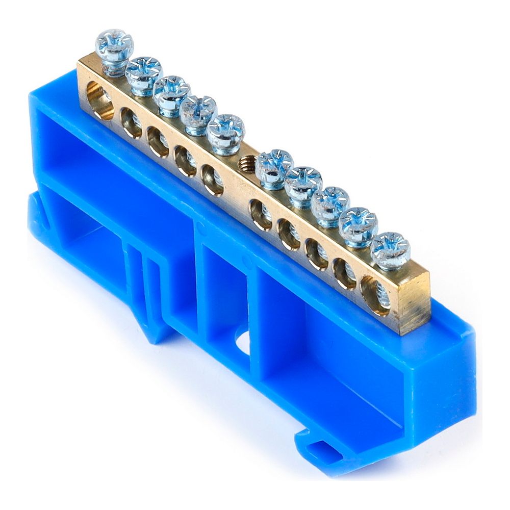 Шина нулевая N 6*9 10 отв.латунь син. изолятор на DIN-рейку