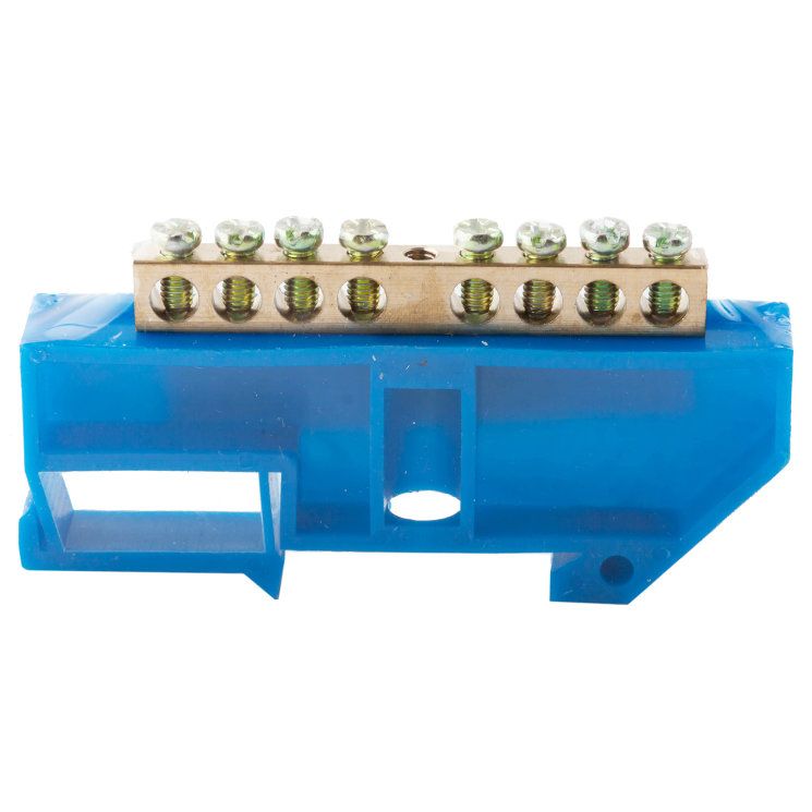 Шина нулевая N 6*9 6 отв.латунь син. изолятор на DIN-рейку